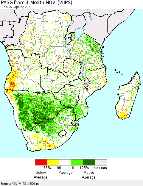 Southern Africa PASG from 3-Month NDVI (VIIRS) Thematic Map For 4/15/2021 - 4/22/2021
