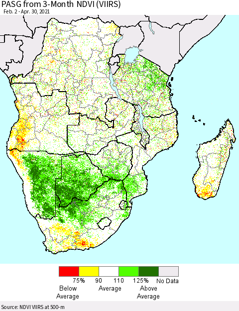 Southern Africa PASG from 3-Month NDVI (VIIRS) Thematic Map For 4/23/2021 - 4/30/2021