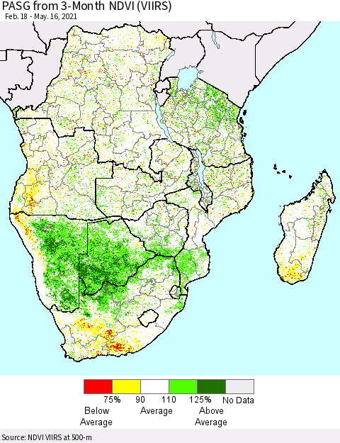 Southern Africa PASG from 3-Month NDVI (VIIRS) Thematic Map For 5/9/2021 - 5/16/2021