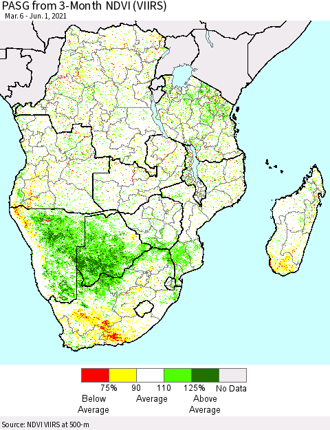 Southern Africa PASG from 3-Month NDVI (VIIRS) Thematic Map For 5/25/2021 - 6/1/2021