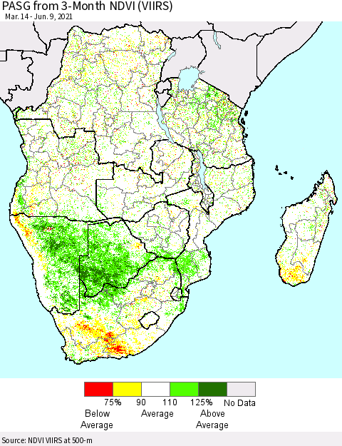 Southern Africa PASG from 3-Month NDVI (VIIRS) Thematic Map For 6/2/2021 - 6/9/2021