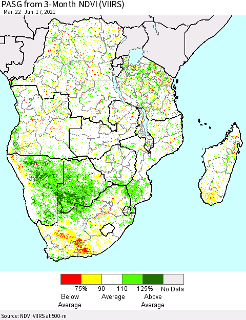 Southern Africa PASG from 3-Month NDVI (VIIRS) Thematic Map For 6/10/2021 - 6/17/2021