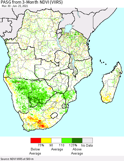 Southern Africa PASG from 3-Month NDVI (VIIRS) Thematic Map For 6/18/2021 - 6/25/2021
