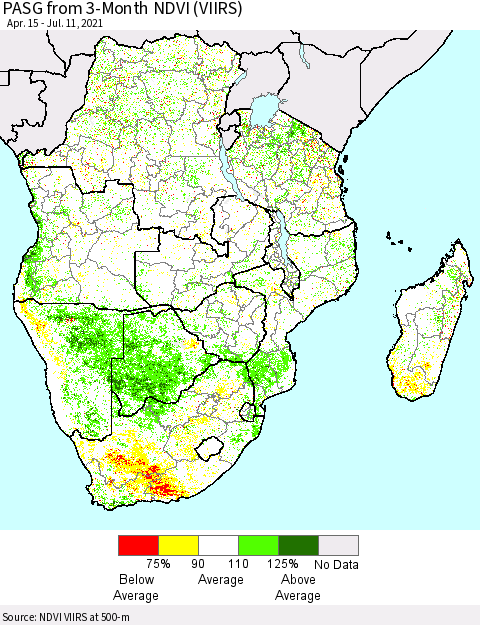 Southern Africa PASG from 3-Month NDVI (VIIRS) Thematic Map For 7/4/2021 - 7/11/2021