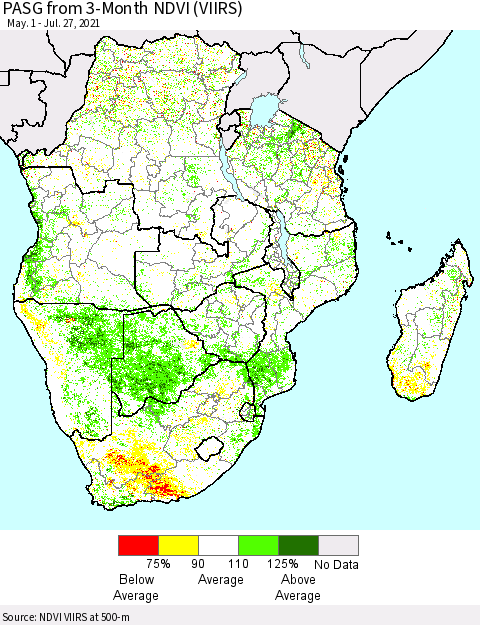Southern Africa PASG from 3-Month NDVI (VIIRS) Thematic Map For 7/20/2021 - 7/27/2021