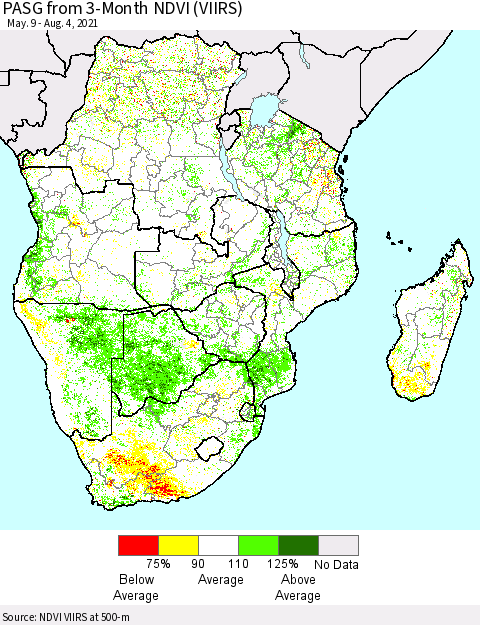 Southern Africa PASG from 3-Month NDVI (VIIRS) Thematic Map For 7/28/2021 - 8/4/2021