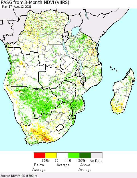 Southern Africa PASG from 3-Month NDVI (VIIRS) Thematic Map For 8/5/2021 - 8/12/2021
