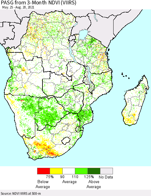 Southern Africa PASG from 3-Month NDVI (VIIRS) Thematic Map For 8/13/2021 - 8/20/2021