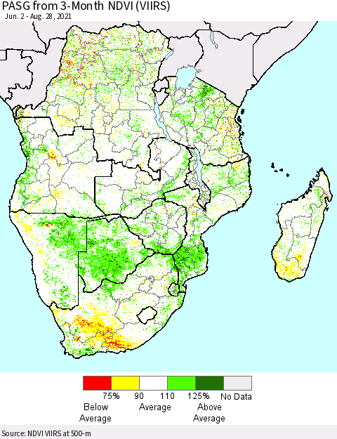 Southern Africa PASG from 3-Month NDVI (VIIRS) Thematic Map For 8/21/2021 - 8/28/2021