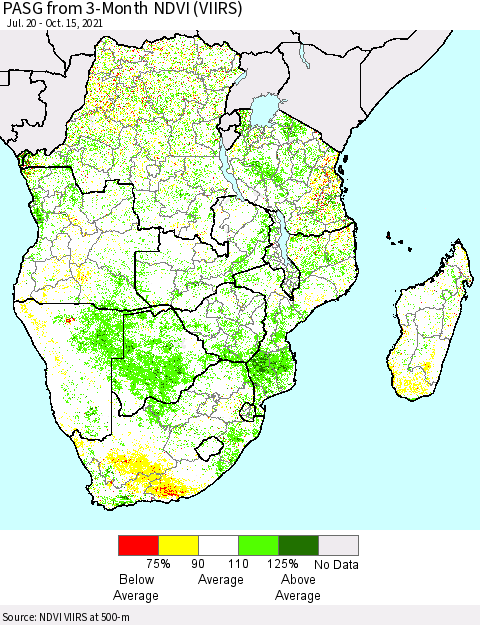Southern Africa PASG from 3-Month NDVI (VIIRS) Thematic Map For 10/8/2021 - 10/15/2021