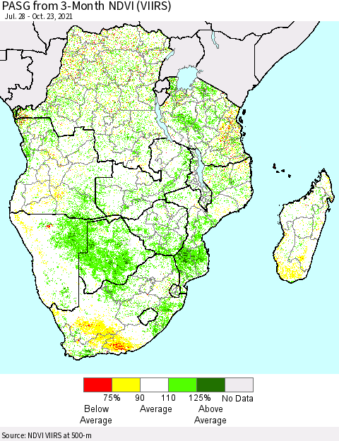 Southern Africa PASG from 3-Month NDVI (VIIRS) Thematic Map For 10/16/2021 - 10/23/2021