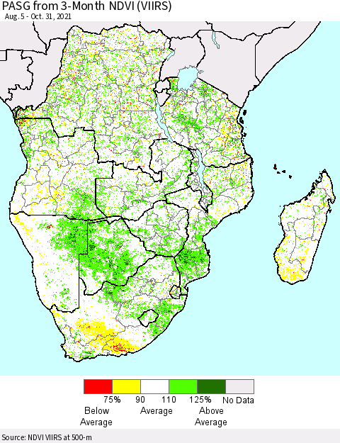 Southern Africa PASG from 3-Month NDVI (VIIRS) Thematic Map For 10/24/2021 - 10/31/2021