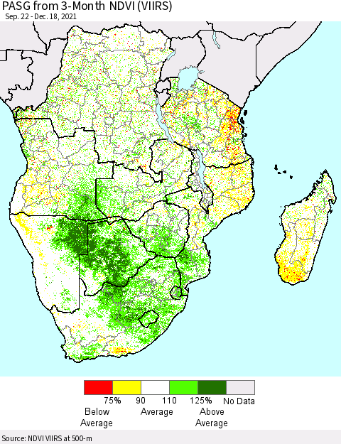 Southern Africa PASG from 3-Month NDVI (VIIRS) Thematic Map For 12/11/2021 - 12/18/2021