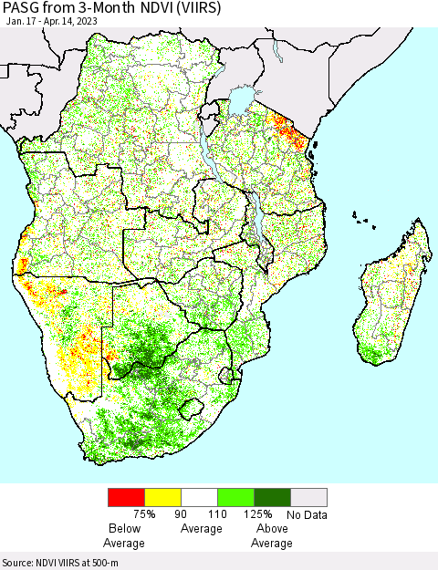 Southern Africa PASG from 3-Month NDVI (VIIRS) Thematic Map For 4/7/2023 - 4/14/2023