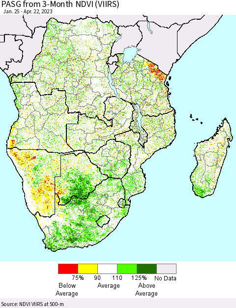 Southern Africa PASG from 3-Month NDVI (VIIRS) Thematic Map For 4/15/2023 - 4/22/2023