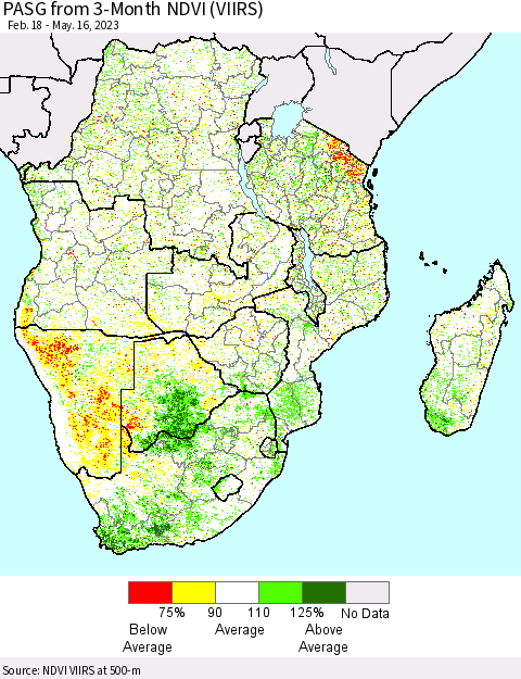 Southern Africa PASG from 3-Month NDVI (VIIRS) Thematic Map For 5/9/2023 - 5/16/2023