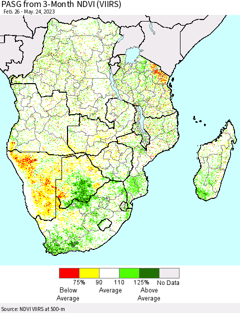Southern Africa PASG from 3-Month NDVI (VIIRS) Thematic Map For 5/17/2023 - 5/24/2023