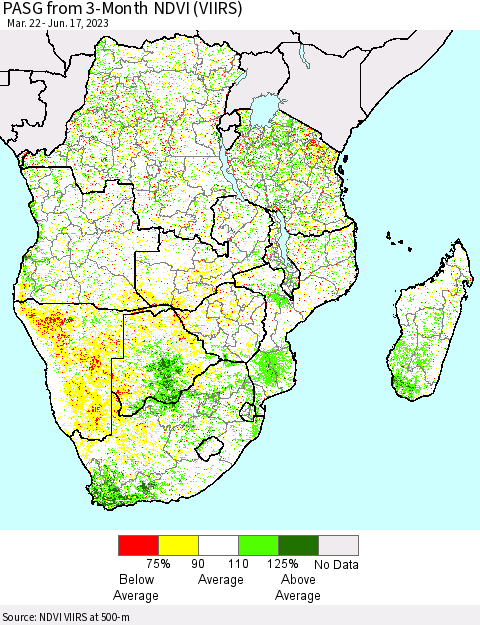 Southern Africa PASG from 3-Month NDVI (VIIRS) Thematic Map For 6/10/2023 - 6/17/2023