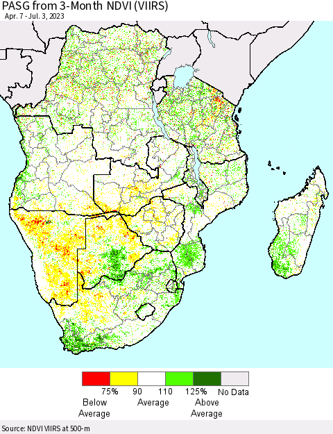 Southern Africa PASG from 3-Month NDVI (VIIRS) Thematic Map For 6/26/2023 - 7/3/2023