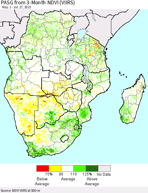 Southern Africa PASG from 3-Month NDVI (VIIRS) Thematic Map For 7/20/2023 - 7/27/2023
