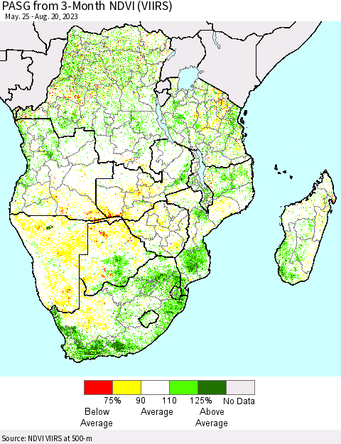 Southern Africa PASG from 3-Month NDVI (VIIRS) Thematic Map For 8/13/2023 - 8/20/2023