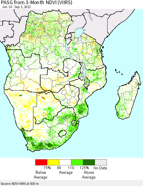 Southern Africa PASG from 3-Month NDVI (VIIRS) Thematic Map For 8/29/2023 - 9/5/2023