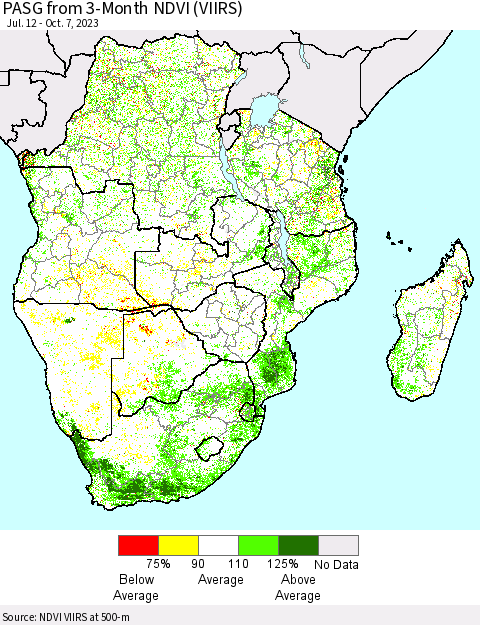 Southern Africa PASG from 3-Month NDVI (VIIRS) Thematic Map For 9/30/2023 - 10/7/2023