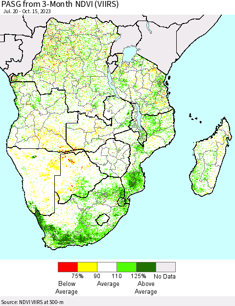 Southern Africa PASG from 3-Month NDVI (VIIRS) Thematic Map For 10/8/2023 - 10/15/2023