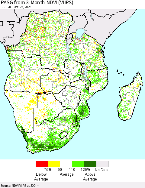 Southern Africa PASG from 3-Month NDVI (VIIRS) Thematic Map For 10/16/2023 - 10/23/2023