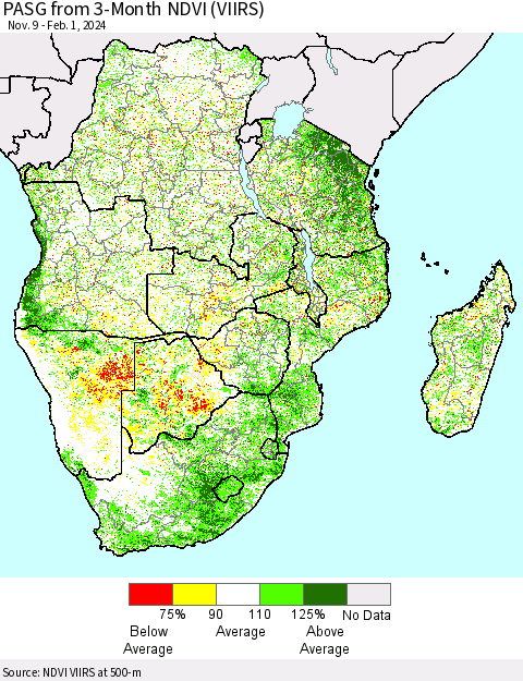 Southern Africa PASG from 3-Month NDVI (VIIRS) Thematic Map For 1/25/2024 - 2/1/2024