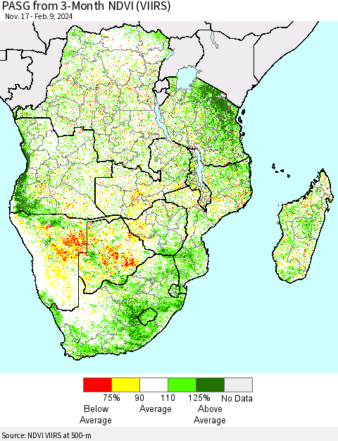 Southern Africa PASG from 3-Month NDVI (VIIRS) Thematic Map For 2/2/2024 - 2/9/2024