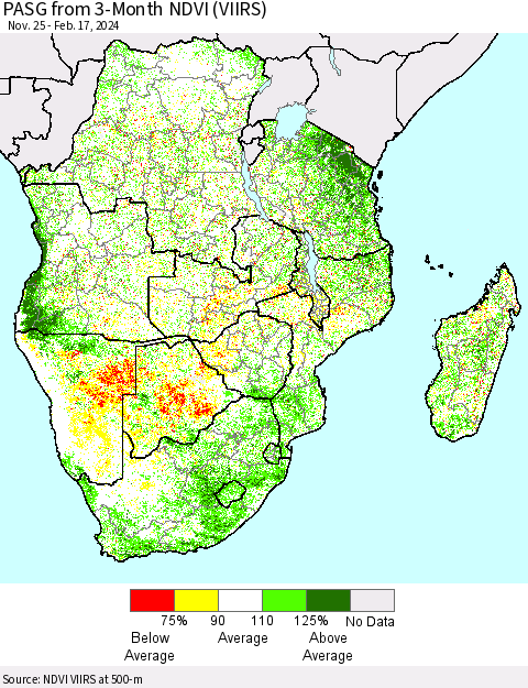 Southern Africa PASG from 3-Month NDVI (VIIRS) Thematic Map For 2/10/2024 - 2/17/2024