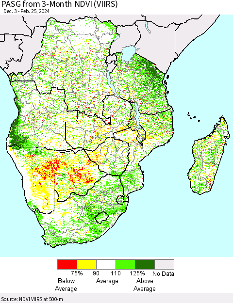 Southern Africa PASG from 3-Month NDVI (VIIRS) Thematic Map For 2/18/2024 - 2/25/2024