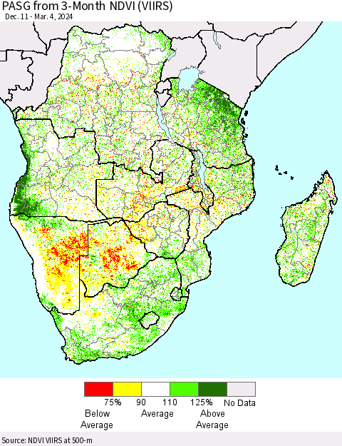 Southern Africa PASG from 3-Month NDVI (VIIRS) Thematic Map For 2/26/2024 - 3/4/2024