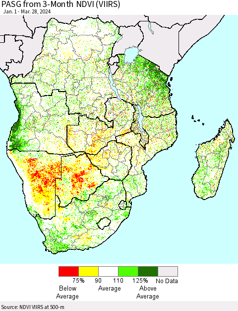 Southern Africa PASG from 3-Month NDVI (VIIRS) Thematic Map For 3/21/2024 - 3/28/2024