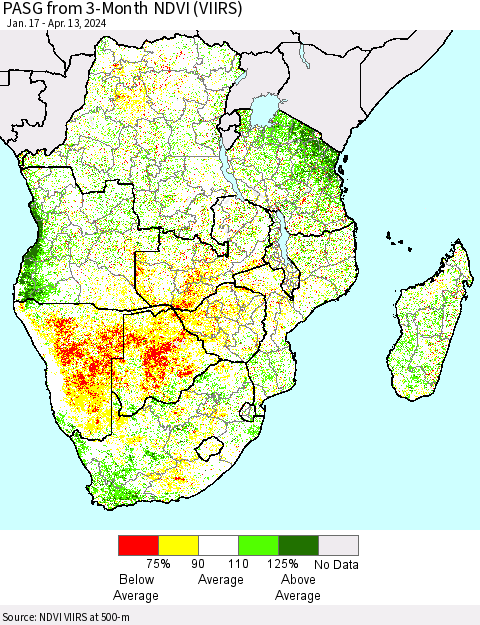 Southern Africa PASG from 3-Month NDVI (VIIRS) Thematic Map For 4/6/2024 - 4/13/2024