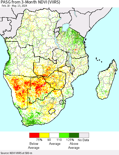 Southern Africa PASG from 3-Month NDVI (VIIRS) Thematic Map For 5/8/2024 - 5/15/2024