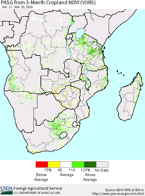 Southern Africa PASG from 3-Month Cropland NDVI (VIIRS) Thematic Map For 3/11/2020 - 3/20/2020