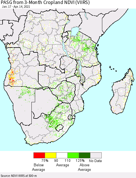 Southern Africa PASG from 3-Month Cropland NDVI (VIIRS) Thematic Map For 4/7/2021 - 4/14/2021