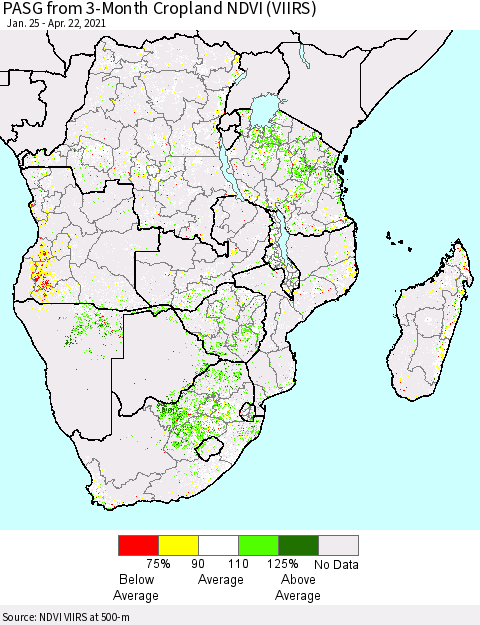 Southern Africa PASG from 3-Month Cropland NDVI (VIIRS) Thematic Map For 4/15/2021 - 4/22/2021