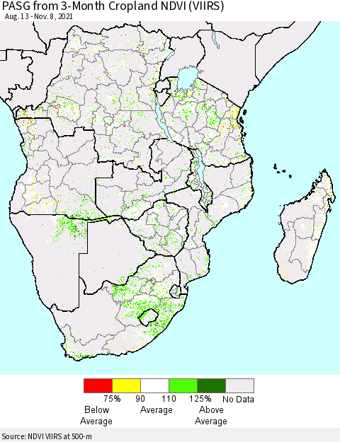 Southern Africa PASG from 3-Month Cropland NDVI (VIIRS) Thematic Map For 11/1/2021 - 11/8/2021