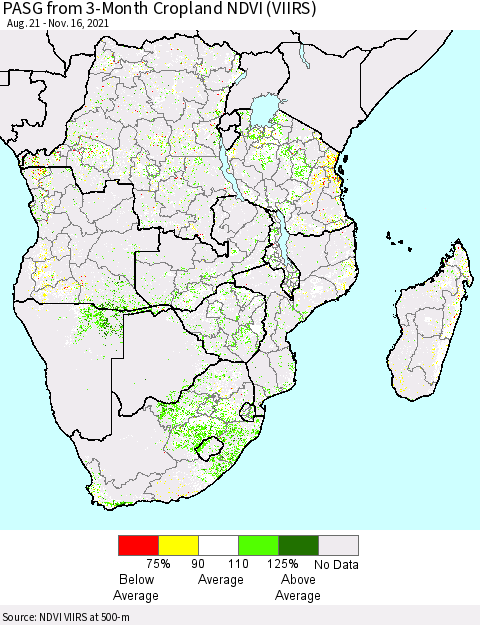 Southern Africa PASG from 3-Month Cropland NDVI (VIIRS) Thematic Map For 11/9/2021 - 11/16/2021