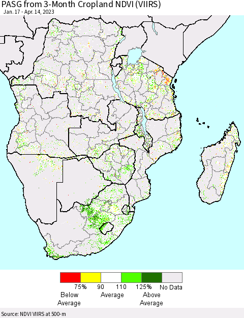 Southern Africa PASG from 3-Month Cropland NDVI (VIIRS) Thematic Map For 4/7/2023 - 4/14/2023