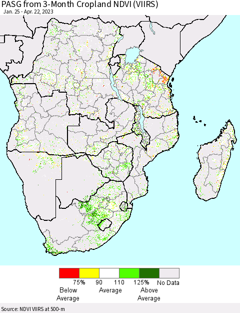 Southern Africa PASG from 3-Month Cropland NDVI (VIIRS) Thematic Map For 4/15/2023 - 4/22/2023