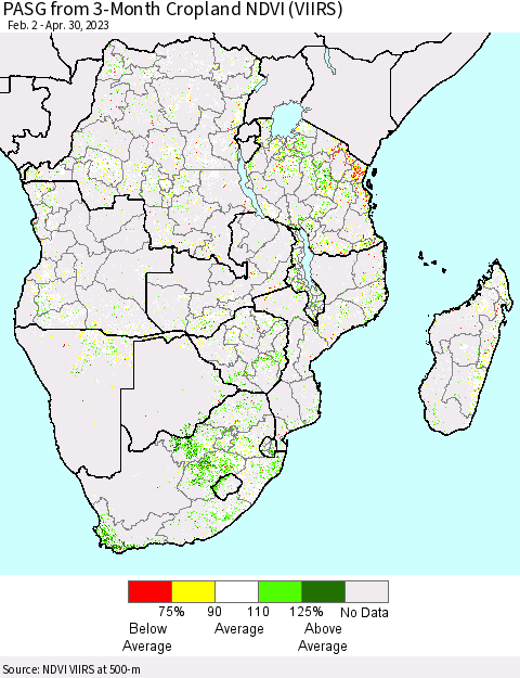 Southern Africa PASG from 3-Month Cropland NDVI (VIIRS) Thematic Map For 4/23/2023 - 4/30/2023
