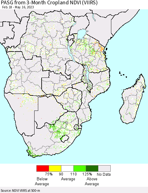 Southern Africa PASG from 3-Month Cropland NDVI (VIIRS) Thematic Map For 5/9/2023 - 5/16/2023