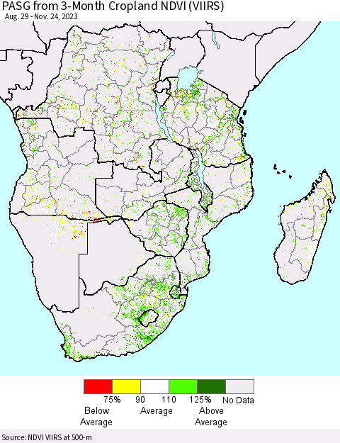 Southern Africa PASG from 3-Month Cropland NDVI (VIIRS) Thematic Map For 11/17/2023 - 11/24/2023