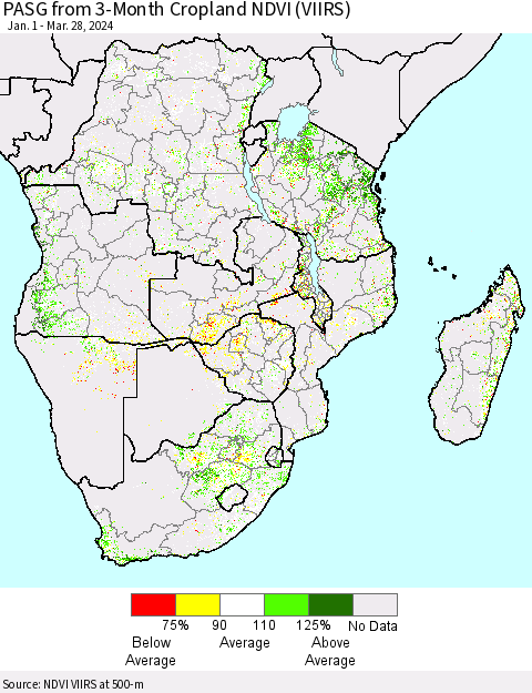 Southern Africa PASG from 3-Month Cropland NDVI (VIIRS) Thematic Map For 3/21/2024 - 3/28/2024