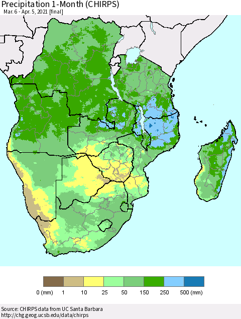 Southern Africa Precipitation 1-Month (CHIRPS) Thematic Map For 3/6/2021 - 4/5/2021