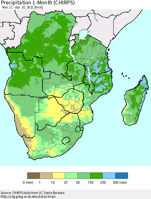 Southern Africa Precipitation 1-Month (CHIRPS) Thematic Map For 3/11/2021 - 4/10/2021